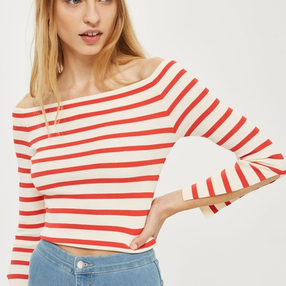 Topshop Bardot Split Sleeve Knitted Top, off shoulder, Size US 4 - Picture 1 of 5